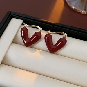 NEW Red Enamel 3D Puffy Heart Gold Huggie Hoop Earrings
